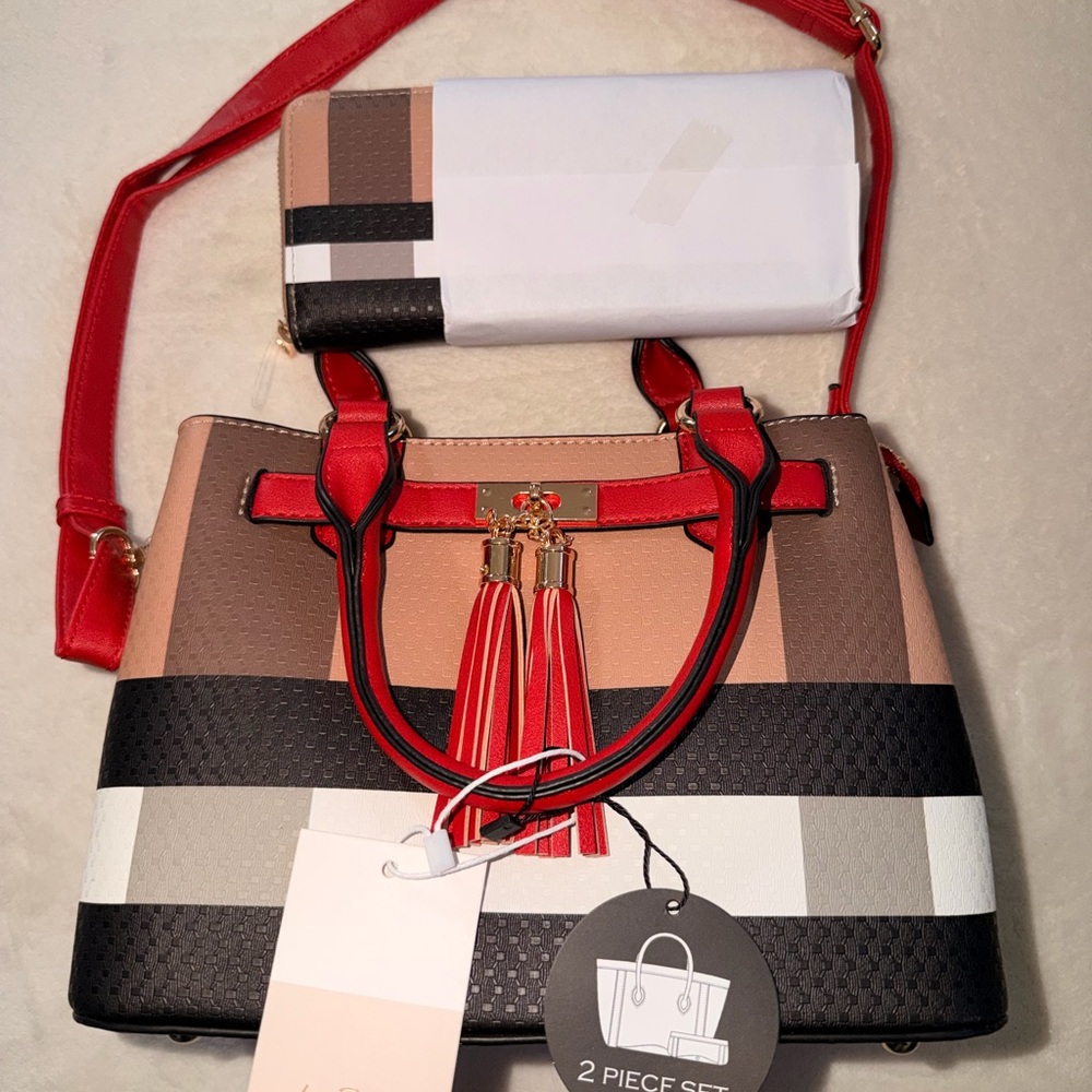 Stylish Red and Black Women's Handbag Set